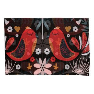 Scandinavian Folk Art: Colourful Birds. Pillowcase