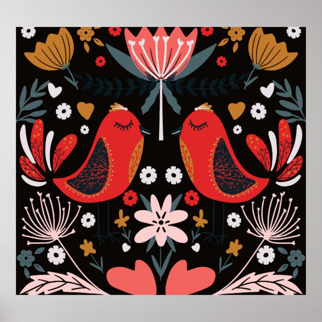 Scandinavian Folk Art: Colourful Birds. Poster (Front)