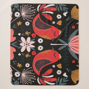 Scandinavian Folk Art: Colourful Birds. Sherpa Blanket