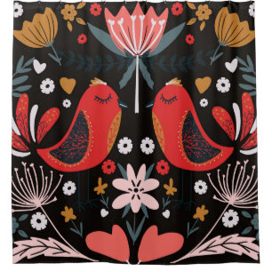 Scandinavian Folk Art: Colourful Birds. Shower Curtain