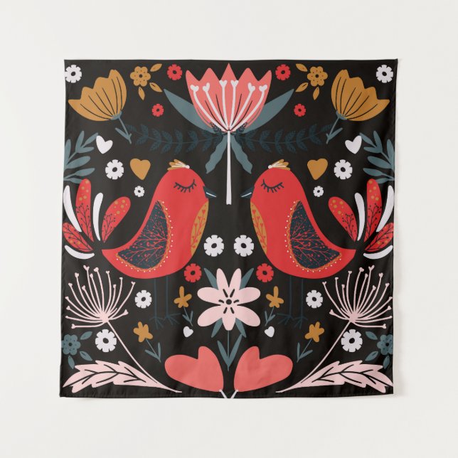 Scandinavian Folk Art: Colourful Birds. Tapestry (Front)