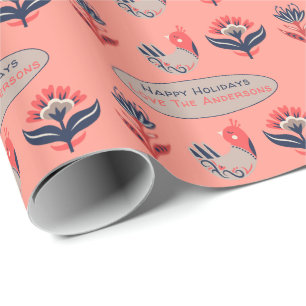 Scandinavian Folk Art Coral Blue Birds Flowers Wrapping Paper