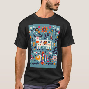 Scandinavian Folk Art Cute Cow and Fish Together b T-Shirt