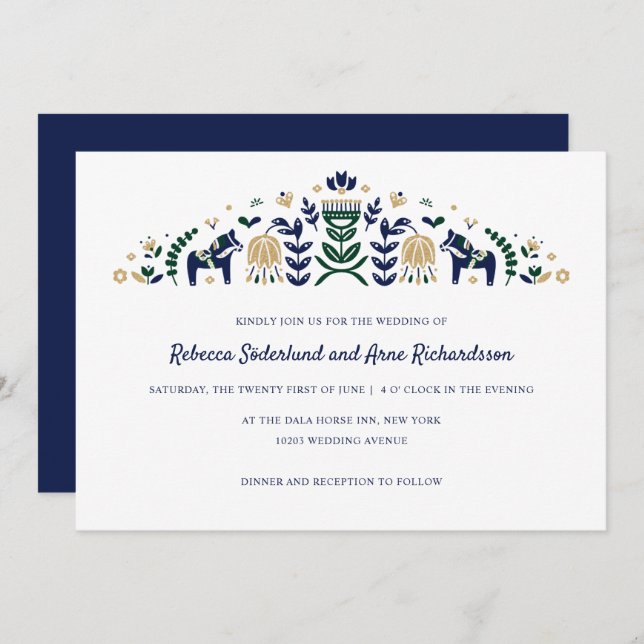 Scandinavian Folk Art Dala Horse CUSTOM blue V3 Invitation (Front/Back)