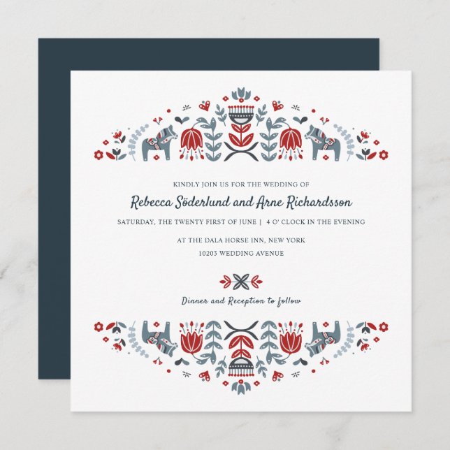 Scandinavian Folk Art Dala Horse Flower Wedding Invitation (Front/Back)