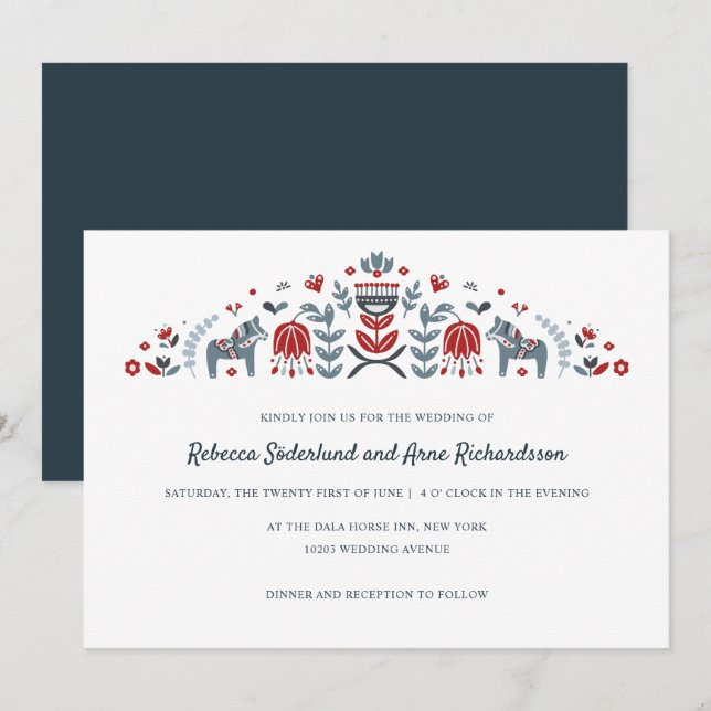 Scandinavian Folk Art Dala Horse Flower Wedding Invitation (Front/Back)
