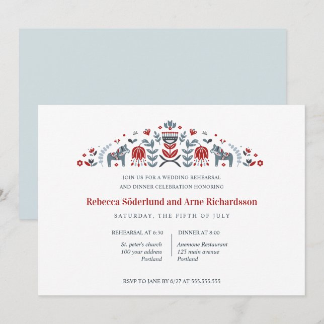 Scandinavian Folk Art Dala Horse  Rehearsal Dinner Invitation (Front/Back)