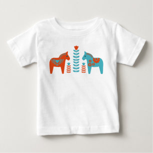 Scandinavian Folk Art Dala Horses and Flowers Baby T-Shirt