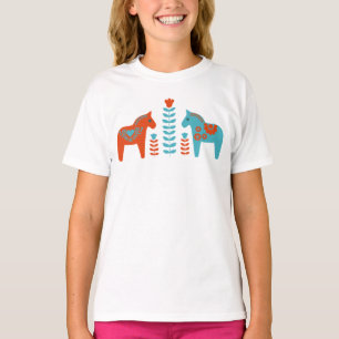 Scandinavian Folk Art Dala Horses and Flowers  T-Shirt