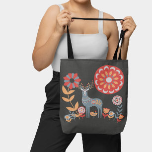 Scandinavian Folk Art Deer Bird Floral Nature Tote Bag