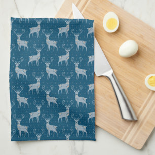 Scandinavian Folk Art Deer on Blue Tea Towel