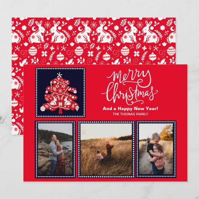 Scandinavian Folk Art Merry Christmas Tree 3 Photo Holiday Card (Front/Back)