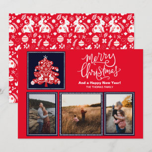 Scandinavian Folk Art Merry Christmas Tree 3 Photo Holiday Card