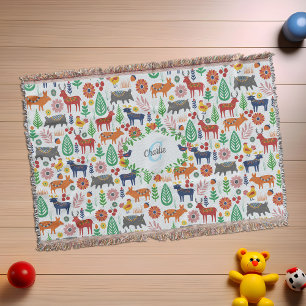 Scandinavian Folk Art Monogram Pattern Boho Modern Throw Blanket