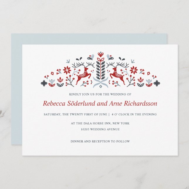 Scandinavian Folk Art Reindeer and Hearts Wedding Invitation (Front/Back)