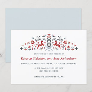 Scandinavian Folk Art Reindeer and Hearts Wedding Invitation