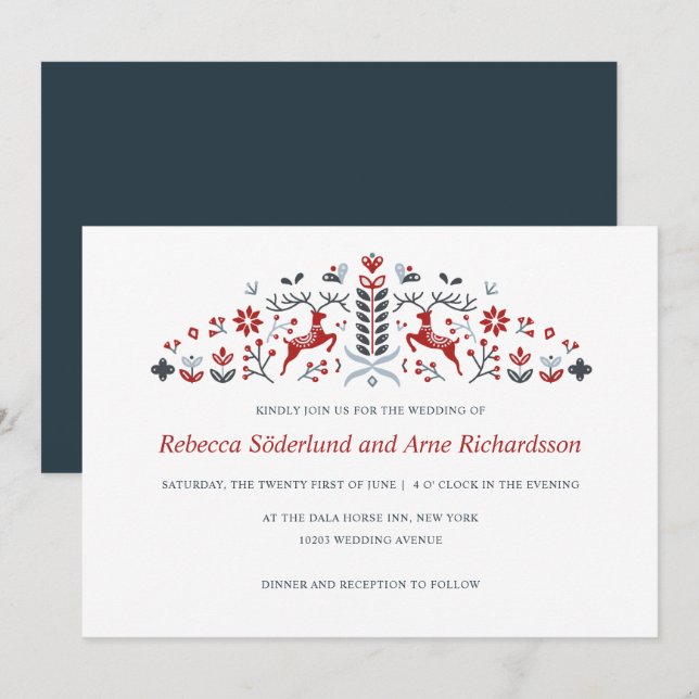 Scandinavian Folk Art Reindeer and Hearts Wedding Invitation (Front/Back)