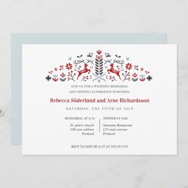 Scandinavian Folk Art Reindeer Rehearsal Dinner Invitation (Front/Back)