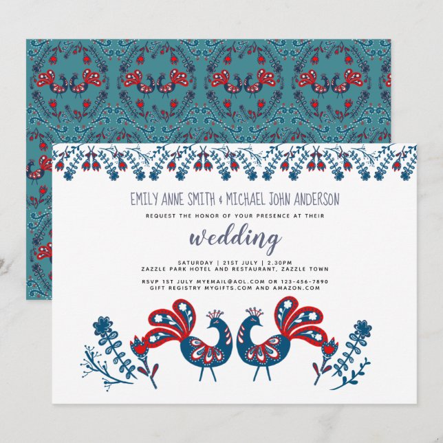 Scandinavian Folk Art WEDDING Invitation Birds (Front/Back)