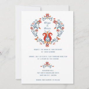 Scandinavian Folk Art Wedding Invitation Blue