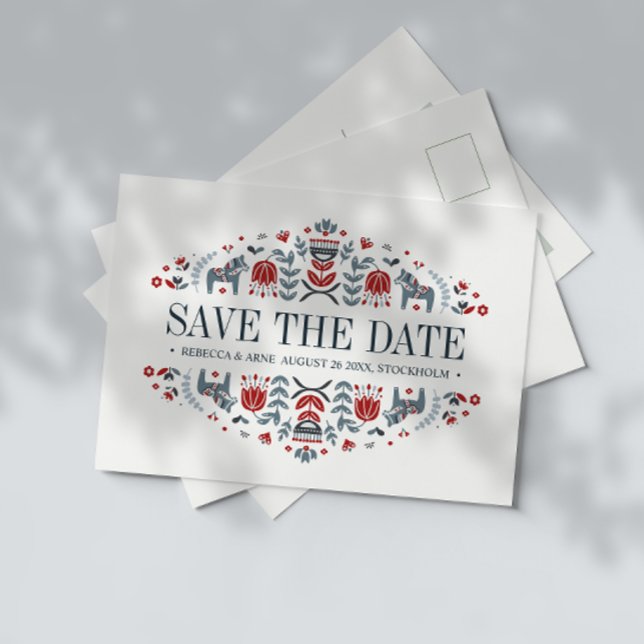 Scandinavian folk art | WEDDING SAVE THE DATE Announcement Postcard (Creator Uploaded)
