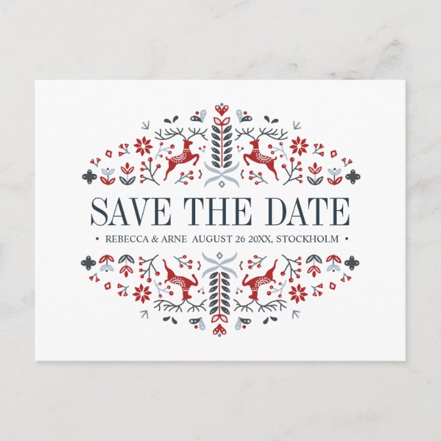Scandinavian folk art | WEDDING SAVE THE DATE Announcement Postcard (Front)
