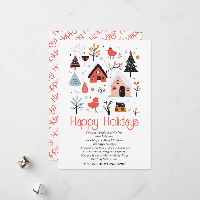 Scandinavian folk art winter scenery Christmas Holiday Card (Front/Back In Situ)