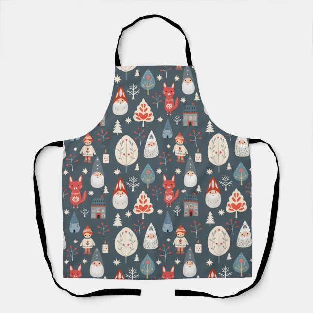 Scandinavian folk art with Christmas gnomes  Apron (Front)