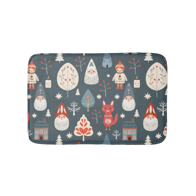 Scandinavian folk art with Christmas gnomes  Bath Mat (Front)
