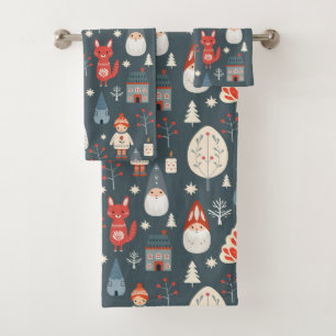 Scandinavian folk art with Christmas gnomes Bath Towel Set