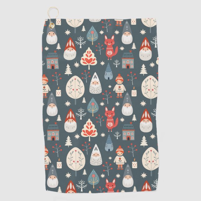 Scandinavian folk art with Christmas gnomes  Golf Towel (Front)