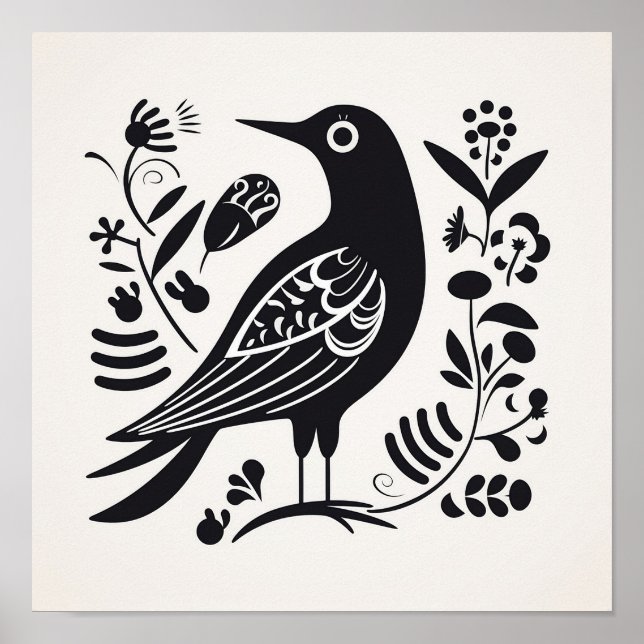 Scandinavian Folk Bird Art Poster (Front)