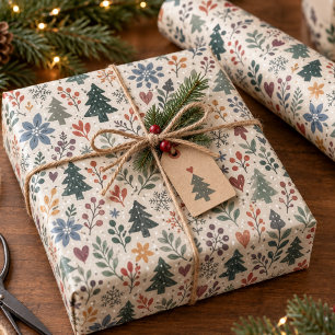 Scandinavian Folk Christmas Trees Florals Wrapping Paper