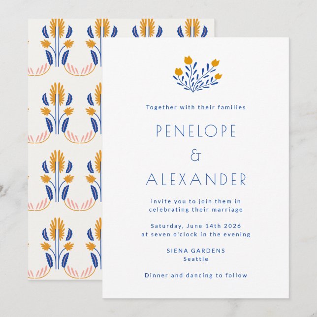 Scandinavian Folk Floral Blue Yellow Wedding Invitation (Front/Back)