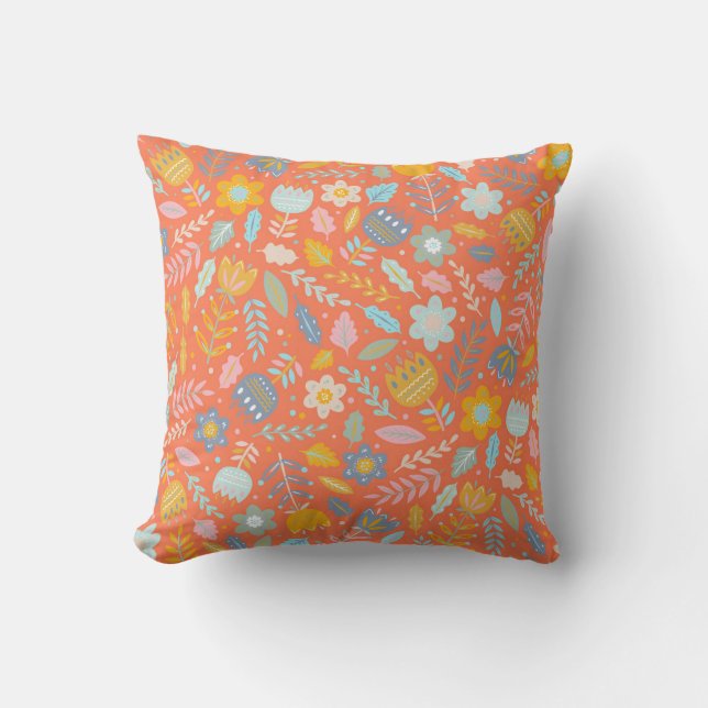 Scandinavian Folk Floral Pattern in Orange  Cushion (Front)