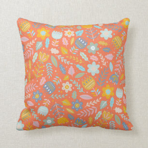 Scandinavian Folk Floral Pattern in Orange  Cushion