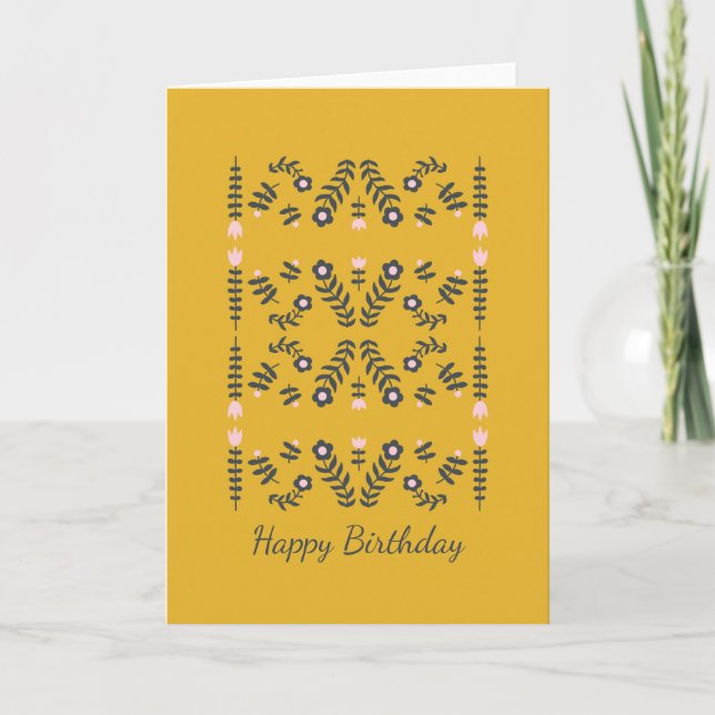 Scandinavian Folk Flower in Yellow Birthday Card (Front)