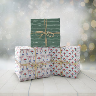 Scandinavian Folk Hand Drawn Green Christmas Wrapping Paper Sheet