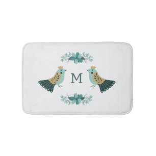 Scandinavian folk motif with birds and flowers  bath mat