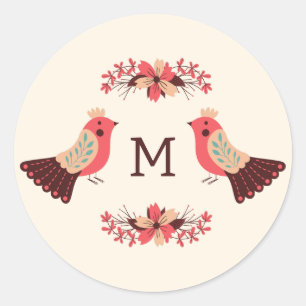 Scandinavian folk motif with birds and flowers classic round sticker