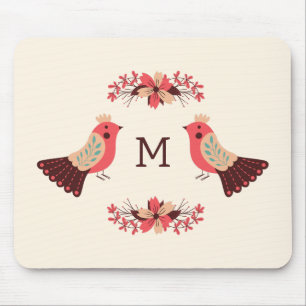 Scandinavian folk motif with birds and flowers mouse mat