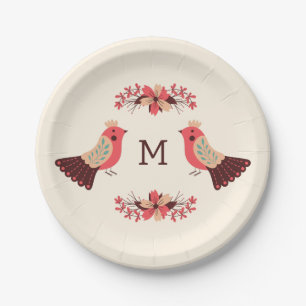 Scandinavian folk motif with birds and flowers paper plate
