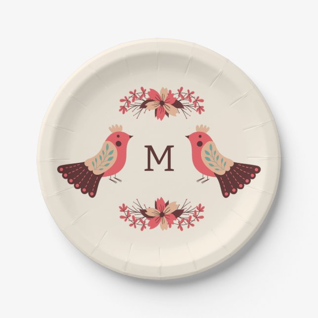 Scandinavian folk motif with birds and flowers paper plate (Front)