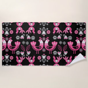 Scandinavian Folk Pink And White Birds Beach Towel