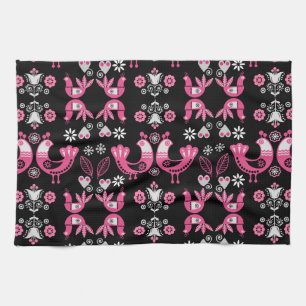 Scandinavian Folk Pink And White Birds Tea Towel