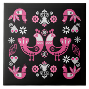 Scandinavian Folk Pink And White Birds Tile