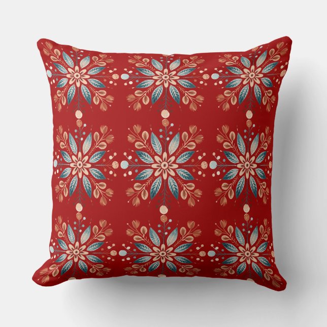Scandinavian Folk Snowflake Pattern Red Background Cushion (Front)