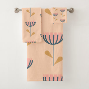 Scandinavian Folk Style Floral Pattern in Peach Bath Towel Set