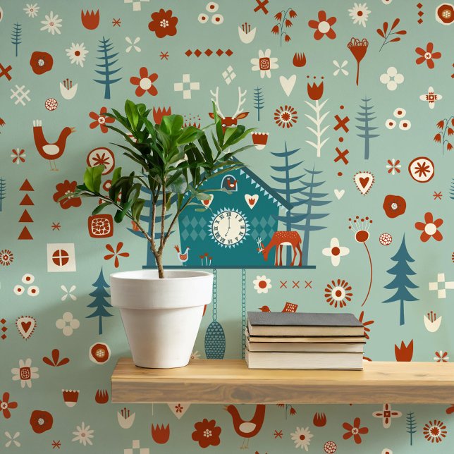 Scandinavian Forest Pattern Wallpaper (Scandinavian Forest sage teal green folk art peel and stick wallpaper)