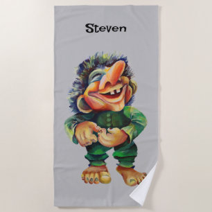 Scandinavian Funny Troll Illustration Watercolor Beach Towel